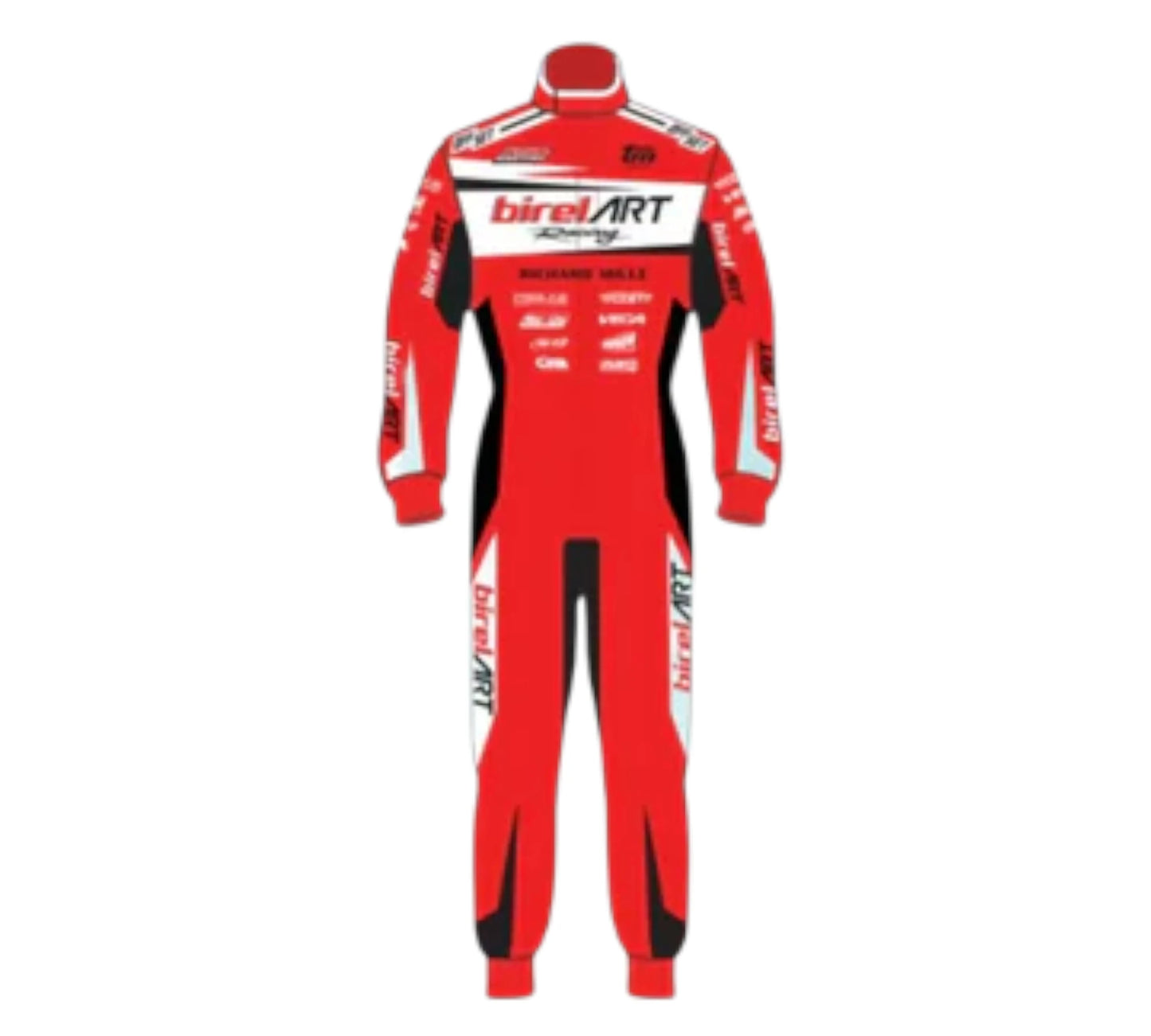 Red racing suit with Birel Art branding on a white background