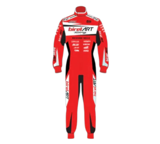 Red racing suit with Birel Art branding on a white background