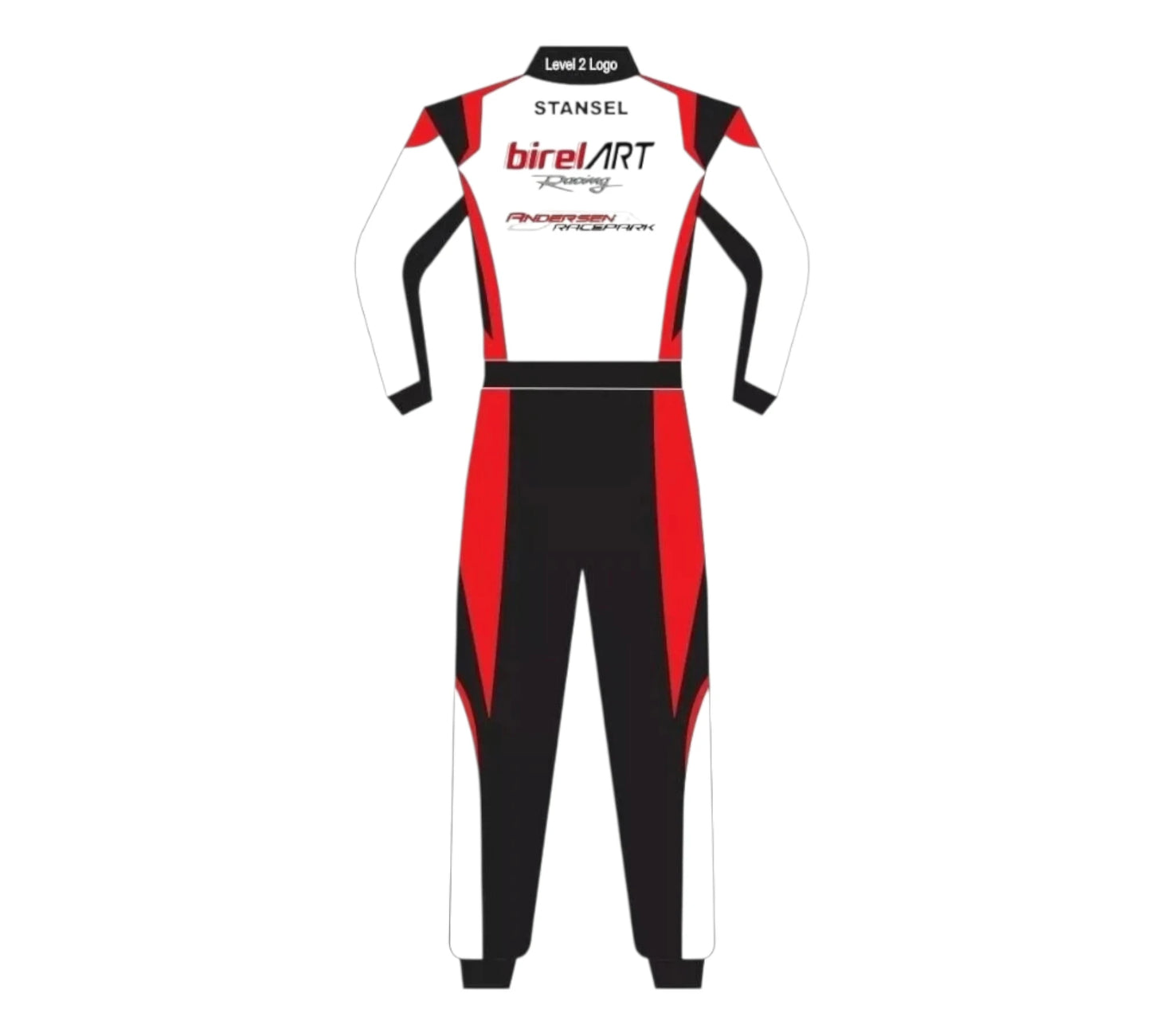 Racing suit with visible branding on a white background