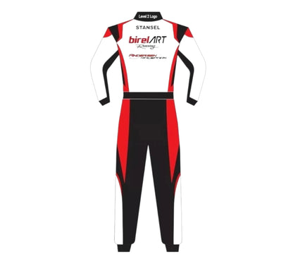 Racing suit with visible branding on a white background