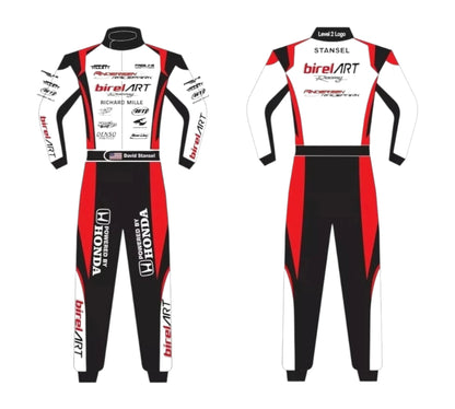 Red, black, and white racing suit with various brand logos on a white background