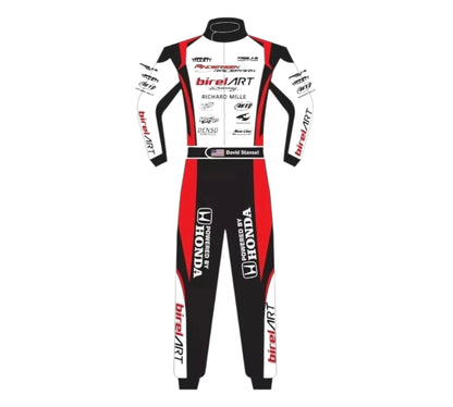 Racing suit with multiple brand logos on a white background
