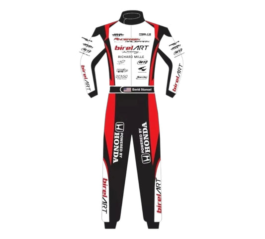 Racing suit with multiple brand logos on a white background