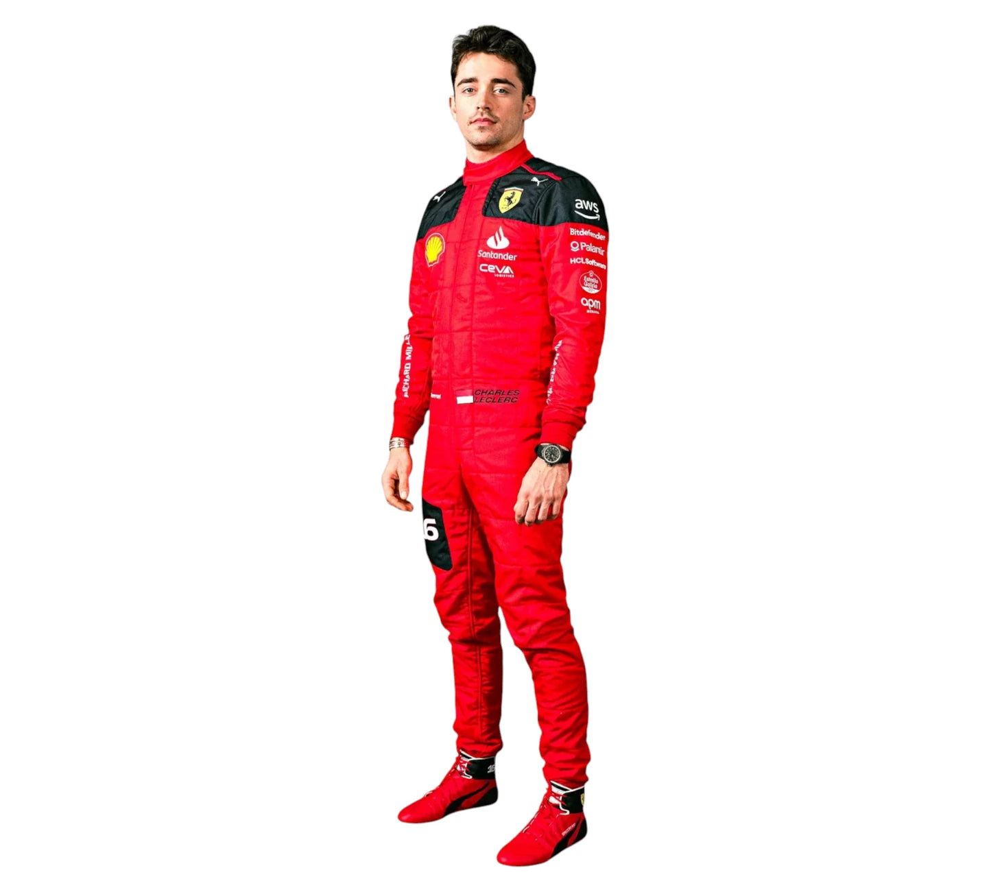 Person wearing a red racing suit with sponsor logos on a white background