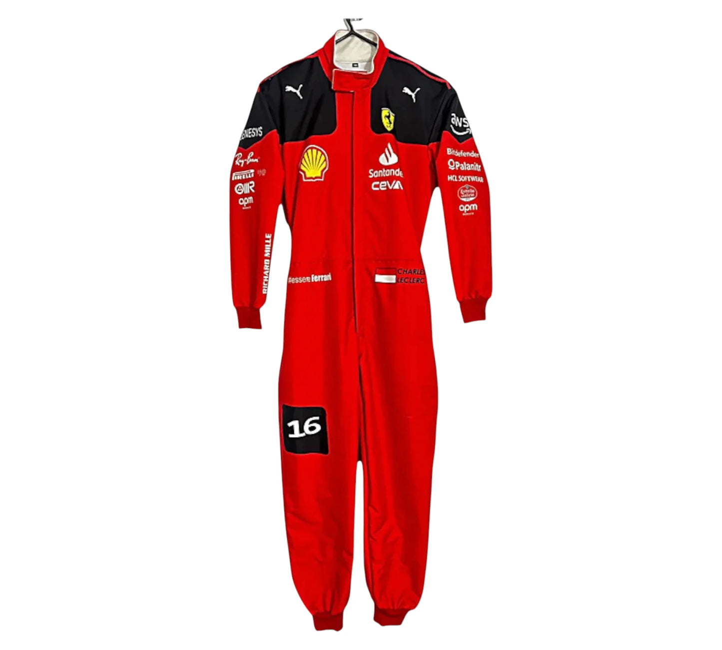 Red racing suit with various logos on a white background