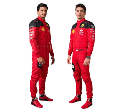 Two views of a person wearing a red racing suit with sponsor logos on a white background