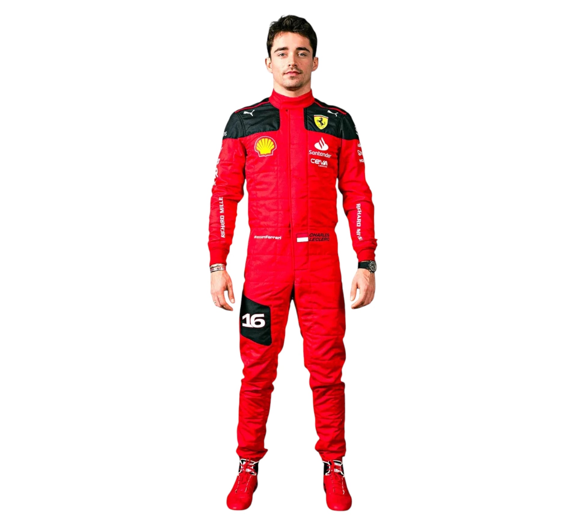 Person wearing a red racing suit with various logos on a white background