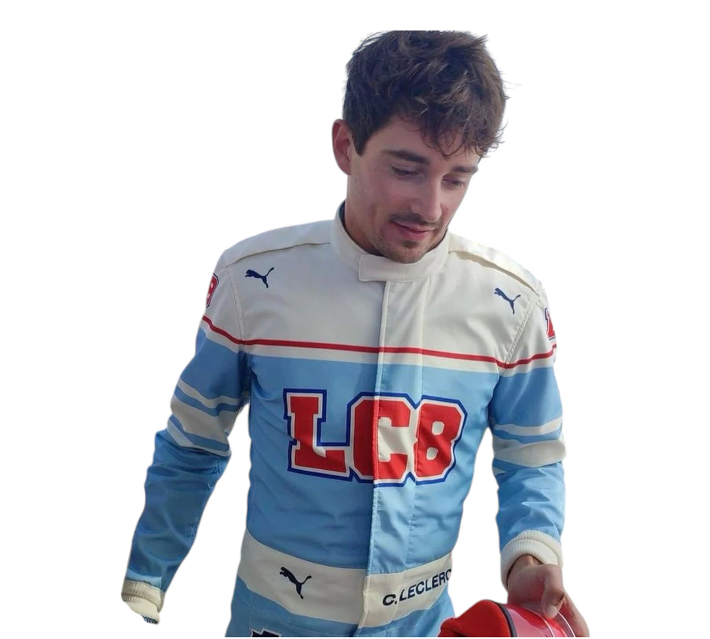 Person wearing a blue and white racing suit with 'LCB' branding on a white background