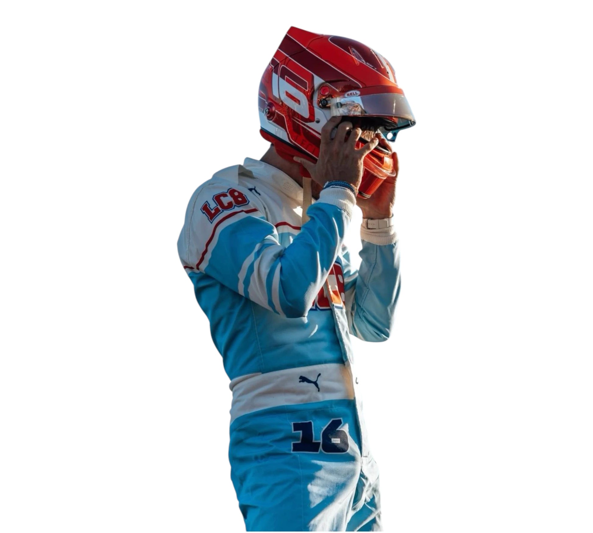 Racing driver adjusting helmet with visible branding on a white background