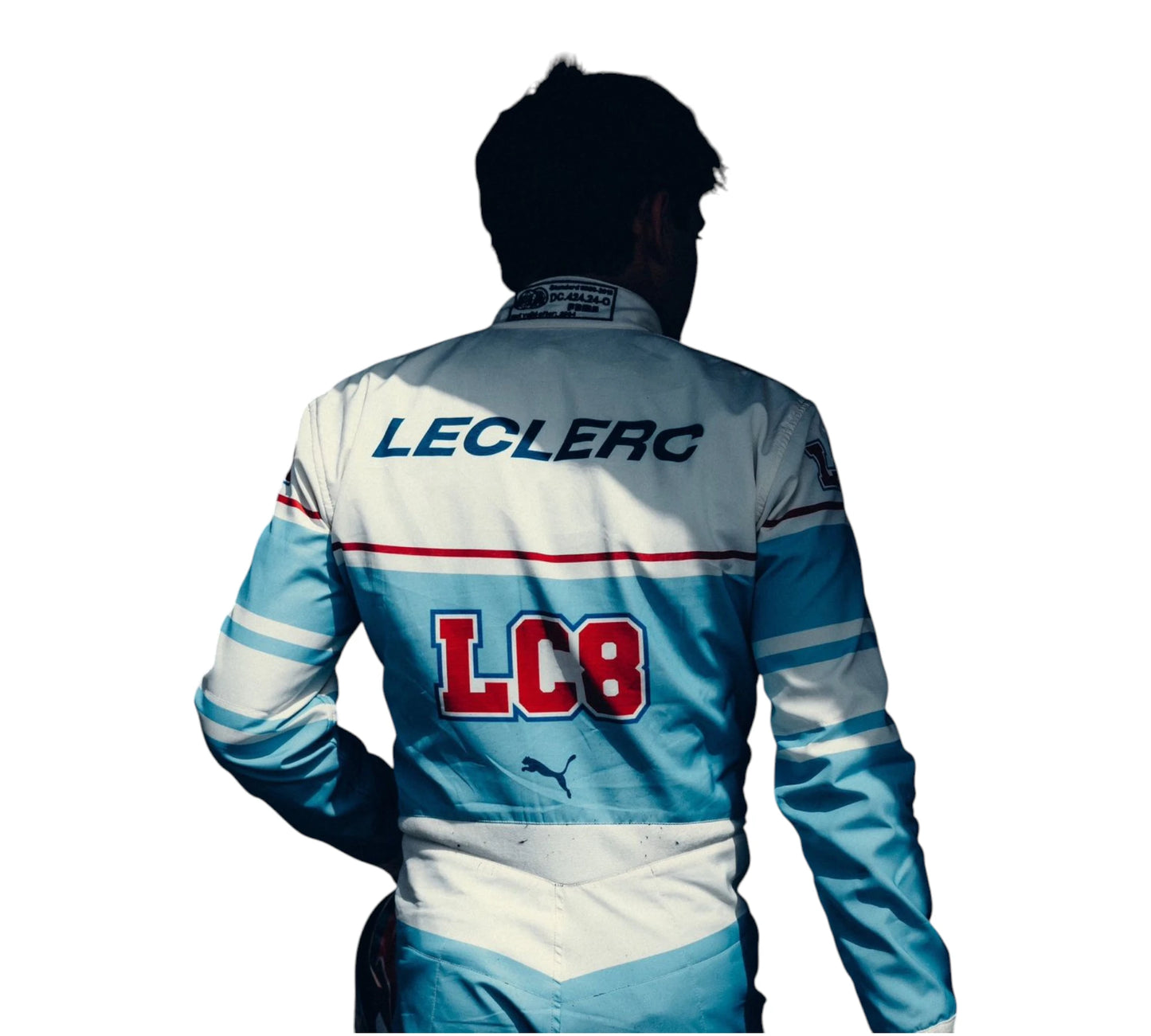 Person wearing a blue and white racing suit with 'LECLERC' and 'LC8' branding on a white background