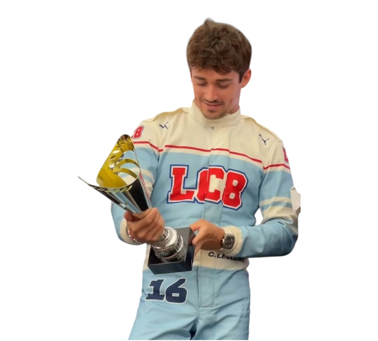 Person in a racing suit holding a trophy with 'LCB' branding on a white background