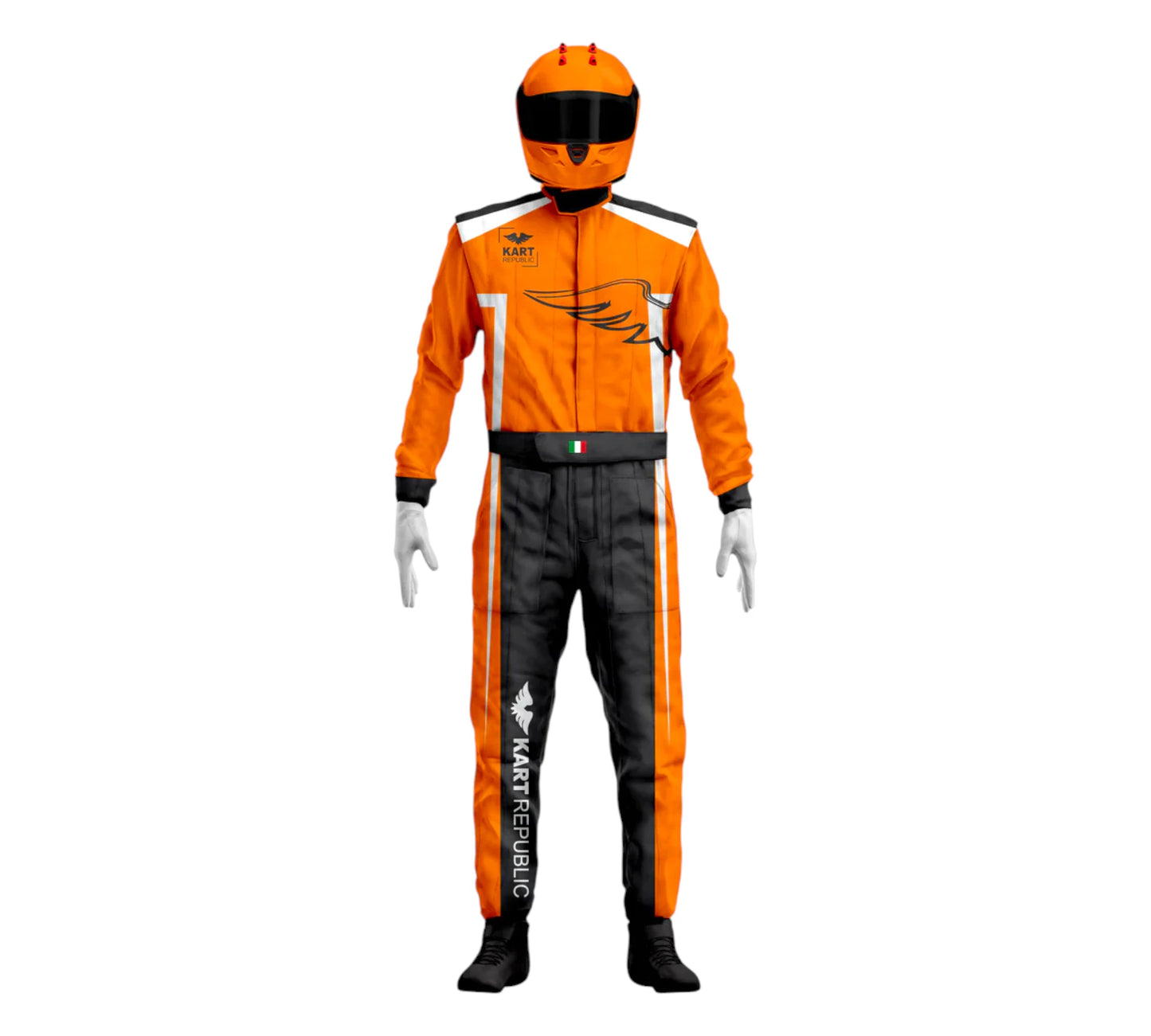 Orange and black racing suit with helmet on a white background