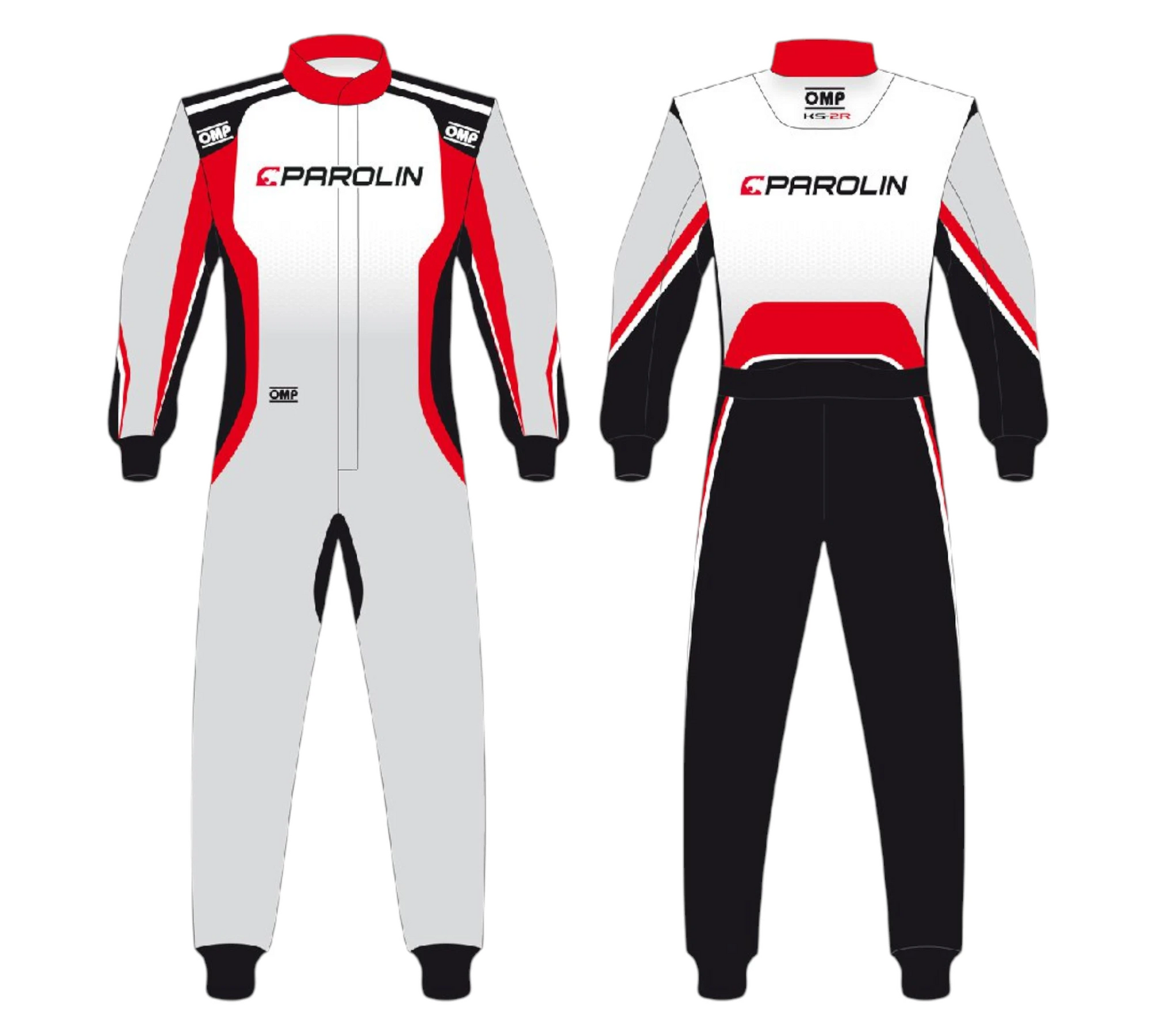 White racing suit with red and black accents featuring Parolin branding on a white background.