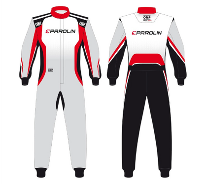 White racing suit with red and black accents featuring Parolin branding on a white background.