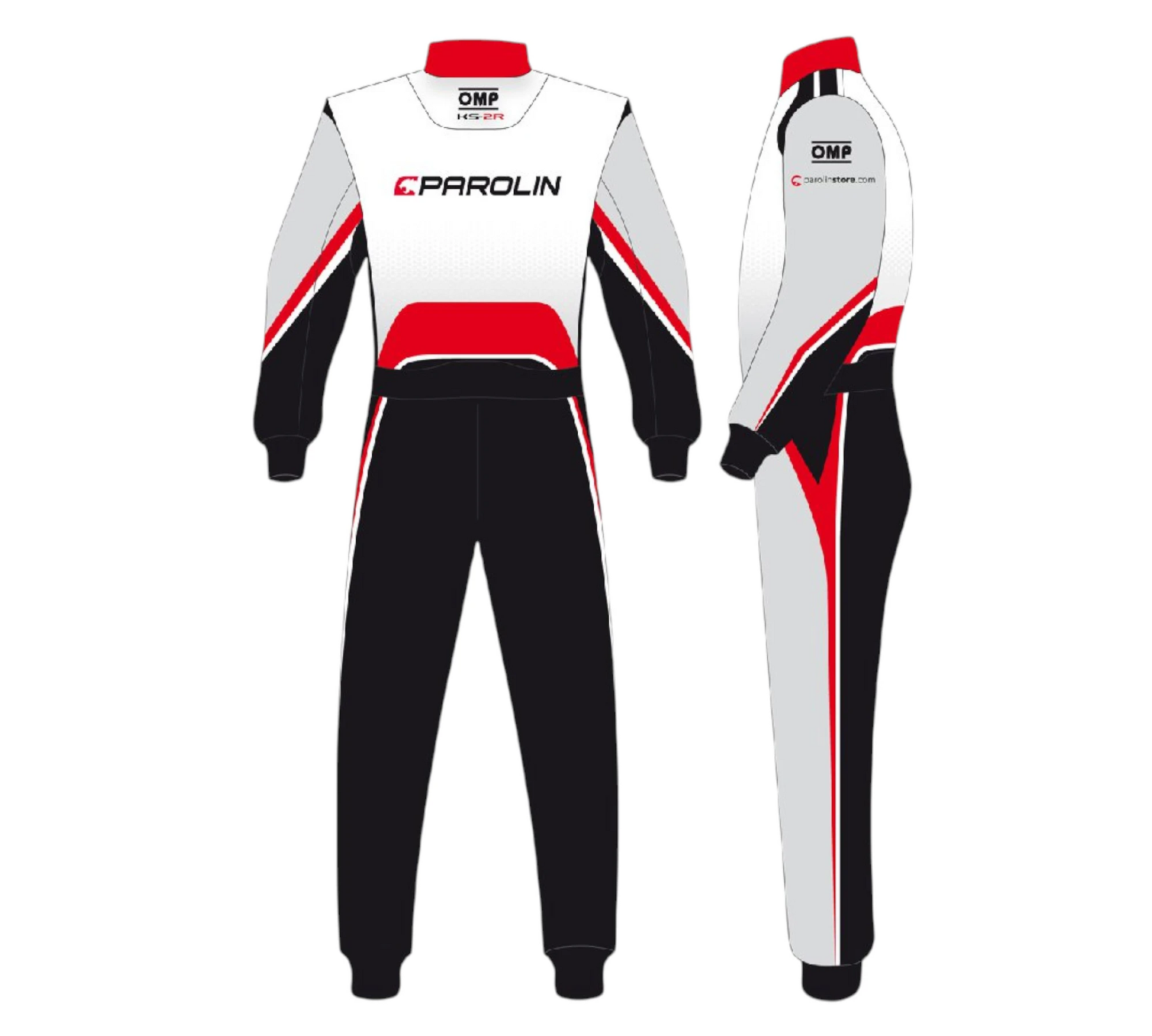 Race suit with red and black accents on a white background