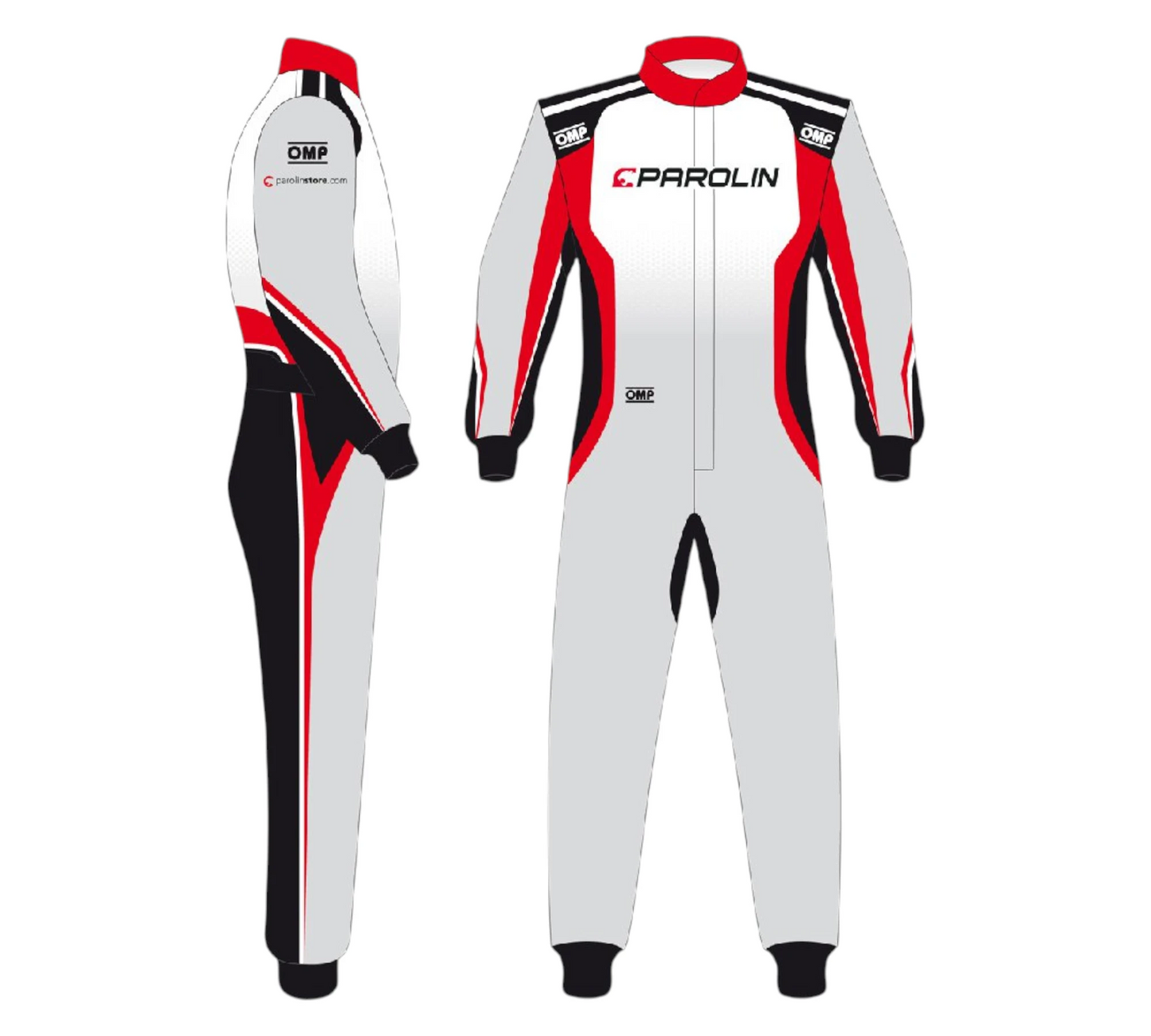 White racing suit with red and black accents on a white background