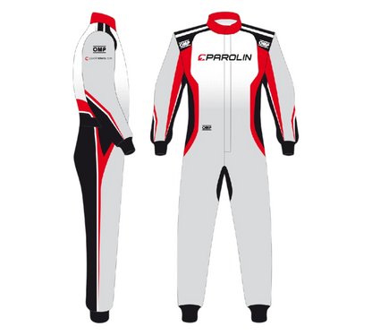 White racing suit with red and black accents on a white background