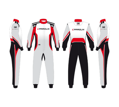 White racing suit with red and black accents featuring the Parolin logo on a white background.