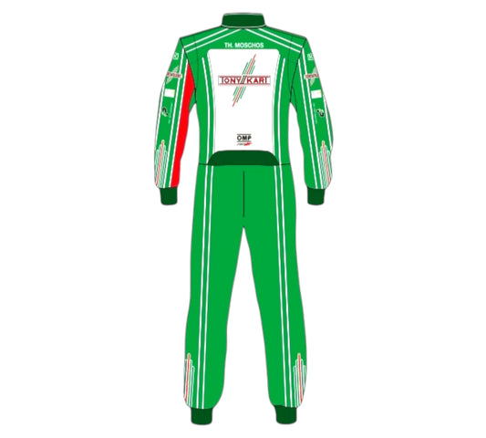 Green racing suit with white and red accents on a white background