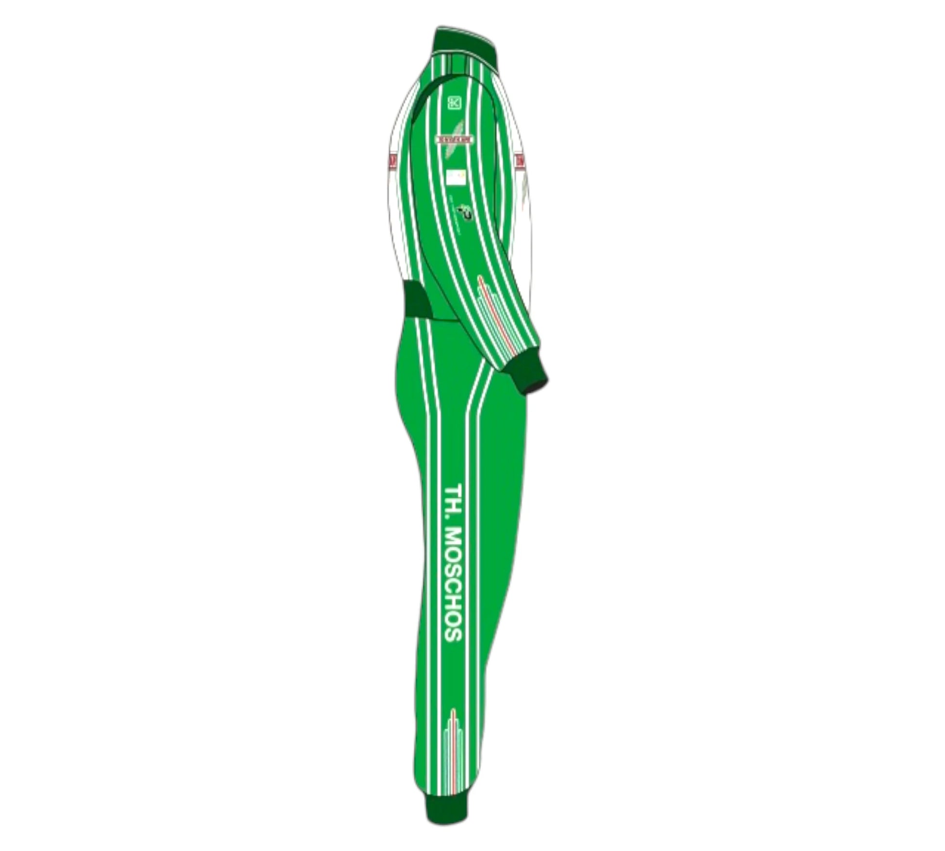 Green and white tracksuit with branding on a white background