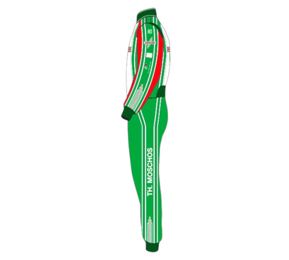 Green and red sports outfit with branding on a white background