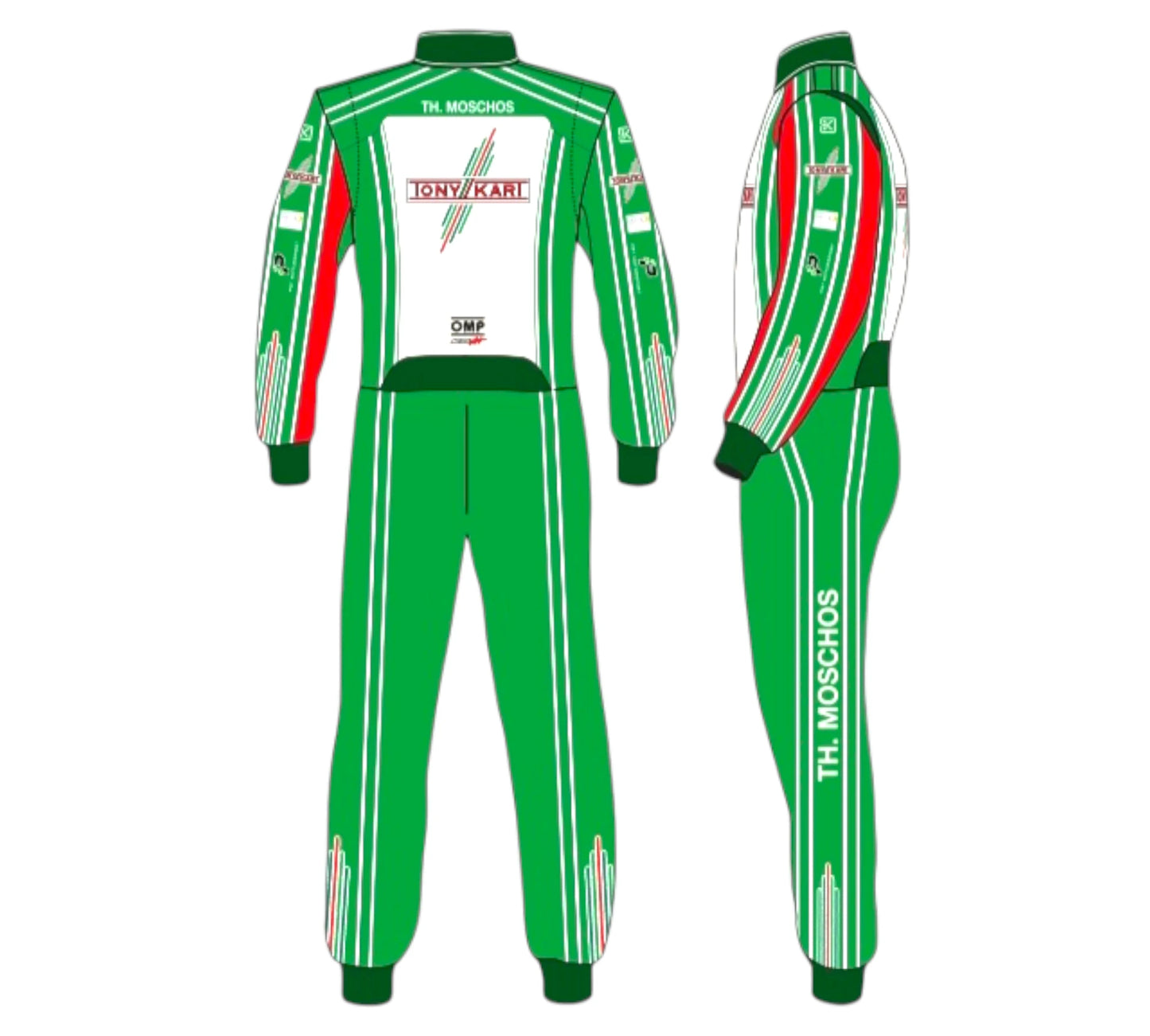 Green and white racing suit with red accents on a white background