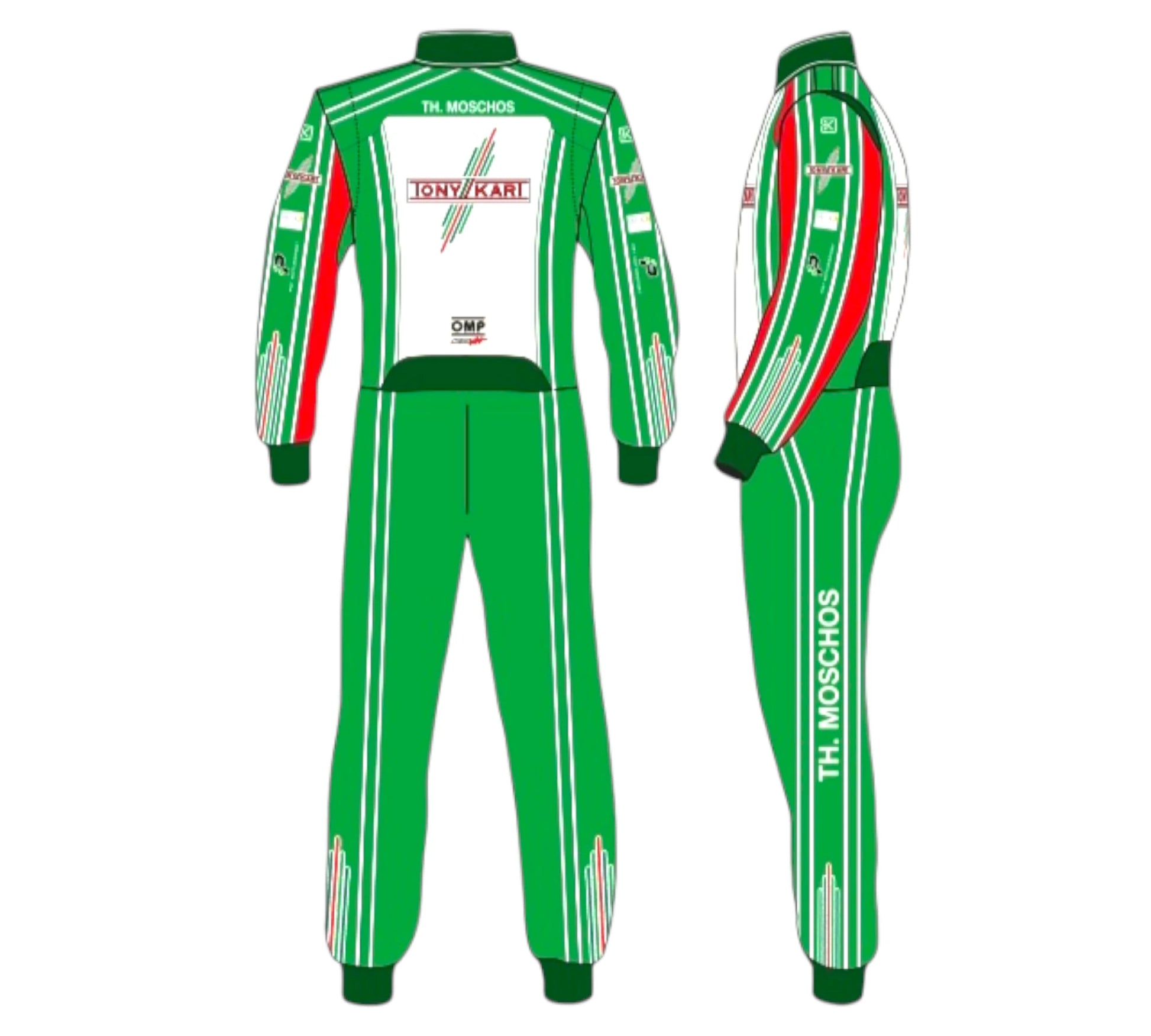 Green and white racing suit with red accents on a white background