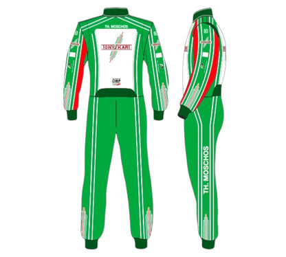 Green and white racing suit with red accents on a white background