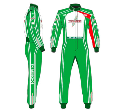 Green and white racing suit with red accents on a white background