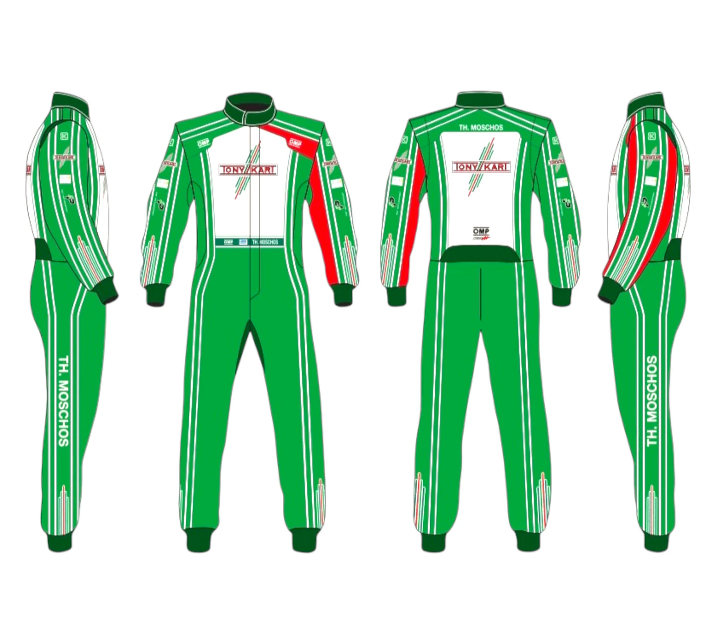 Green and white racing suit with red accents on a white background