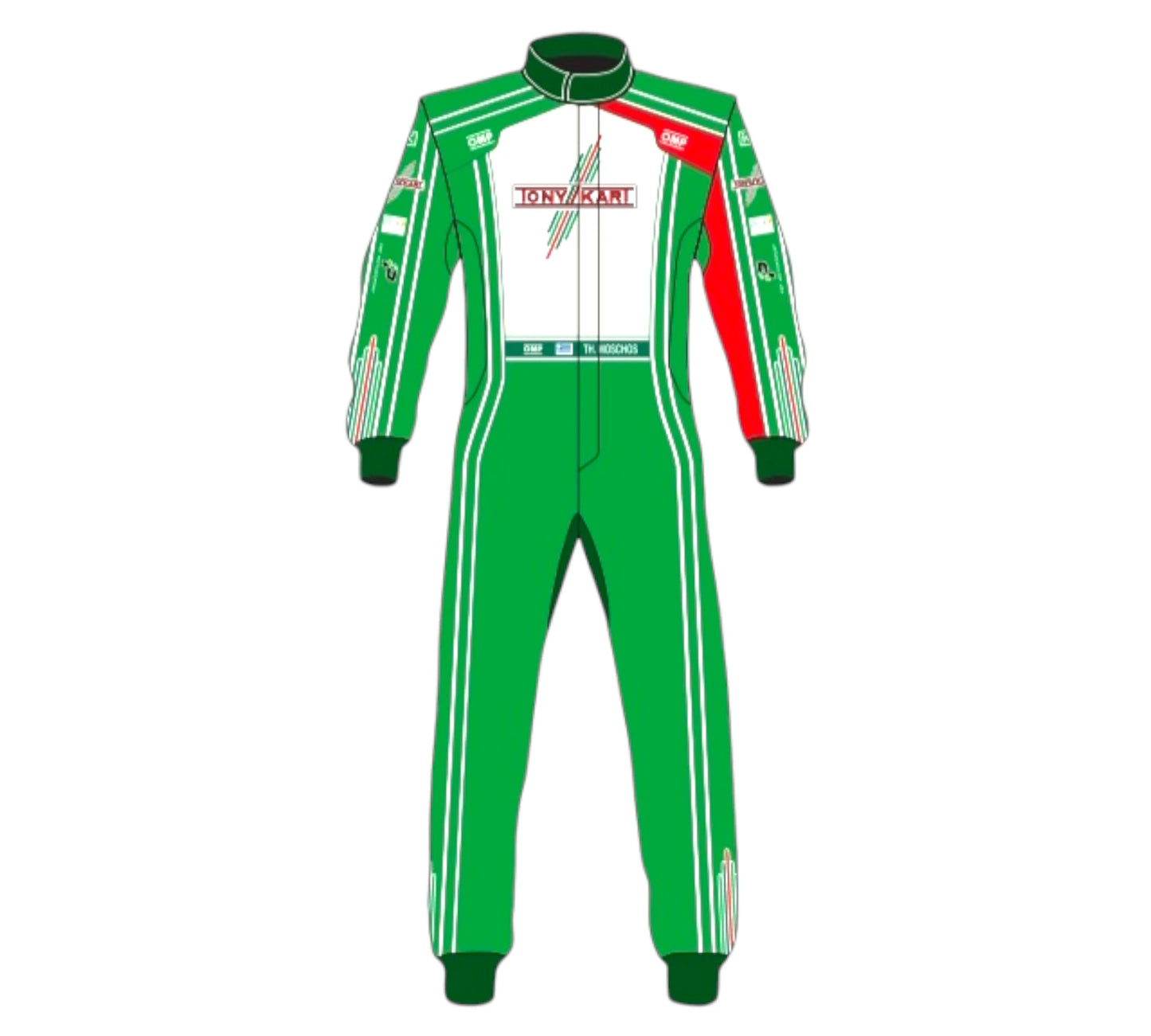 Green racing suit with red and white accents on a white background