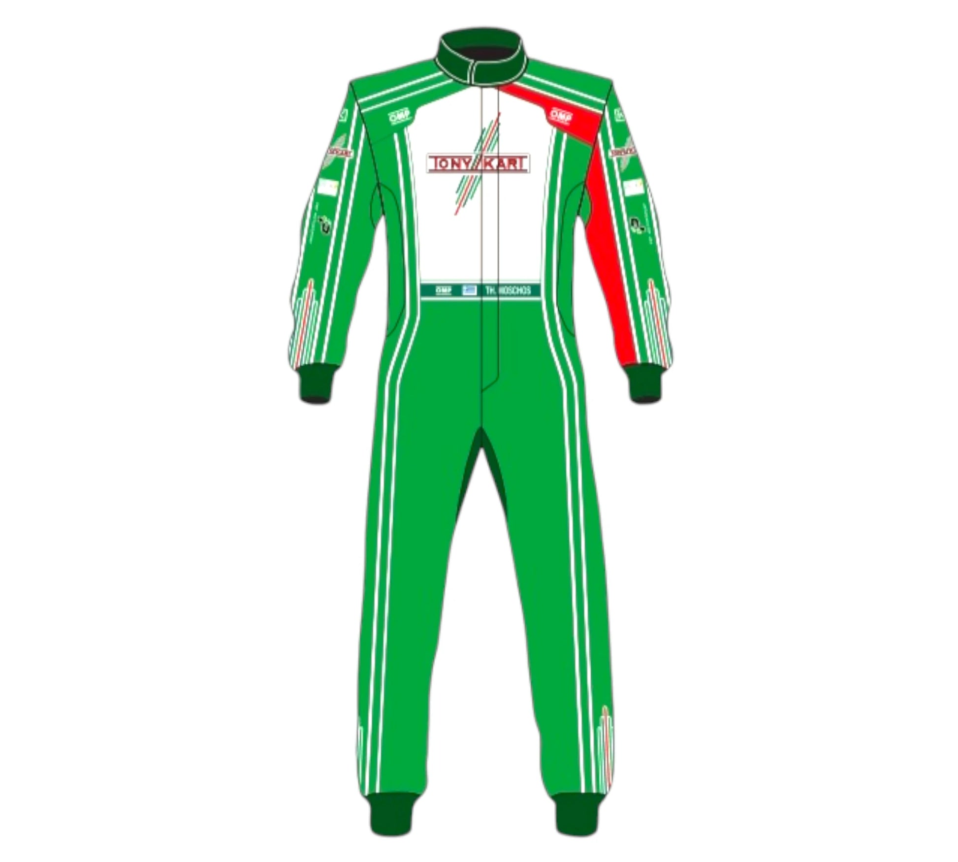 Green racing suit with red and white accents on a white background
