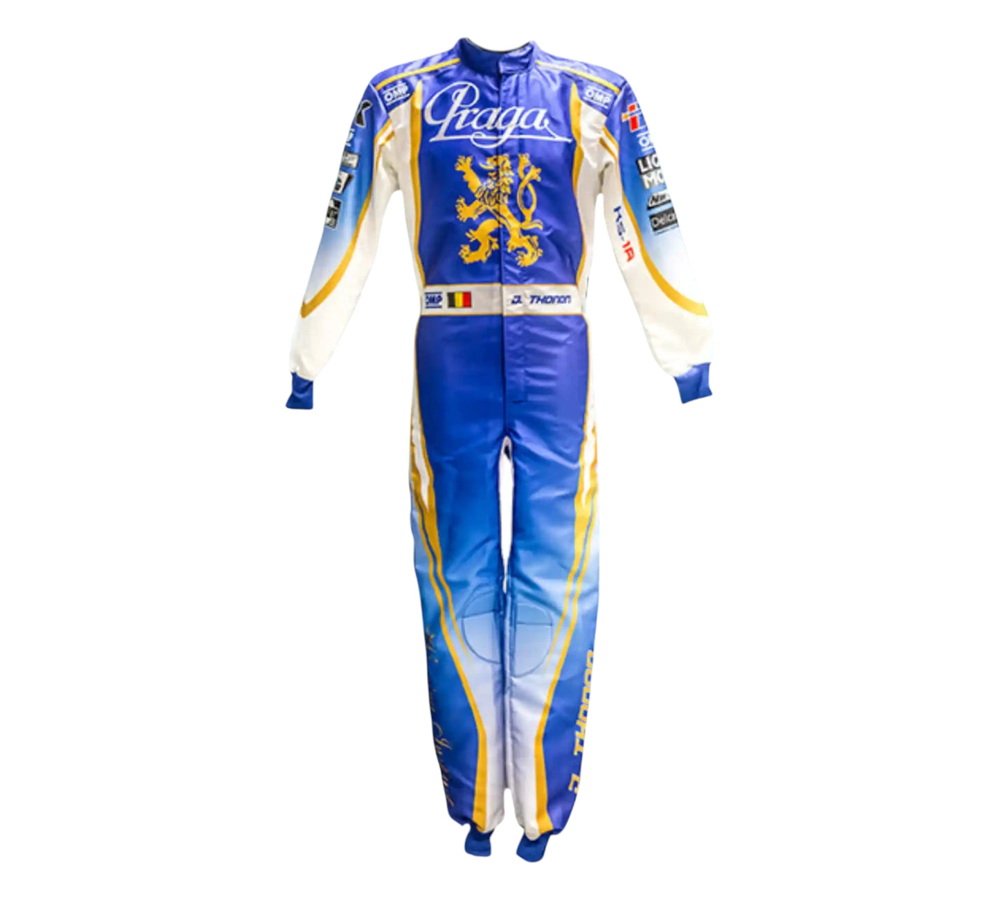 Blue and white racing suit with branding on a white background