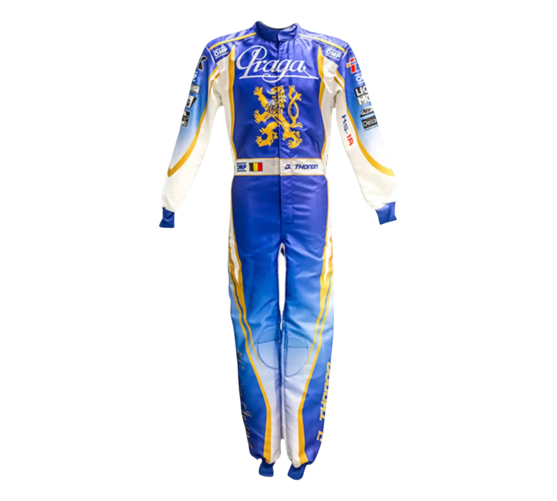 Blue and white racing suit with branding on a white background