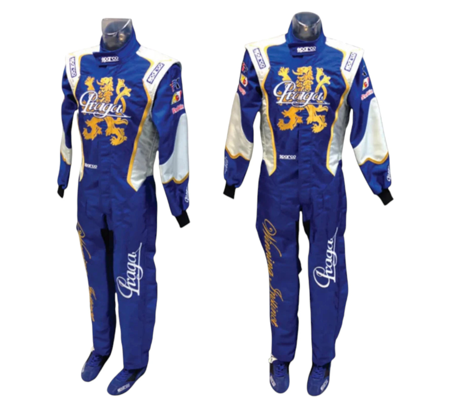 Two blue racing suits with branding on a white background