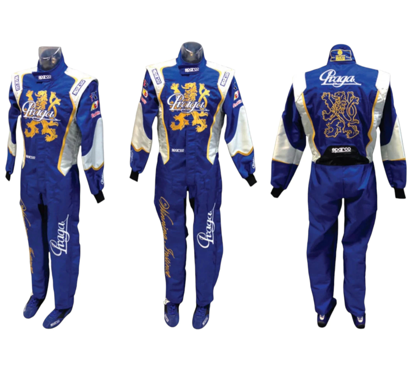 Blue racing suit with logos on a white background
