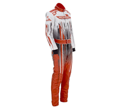 Orange and white racing suit with 'Redspeed' branding on a white background