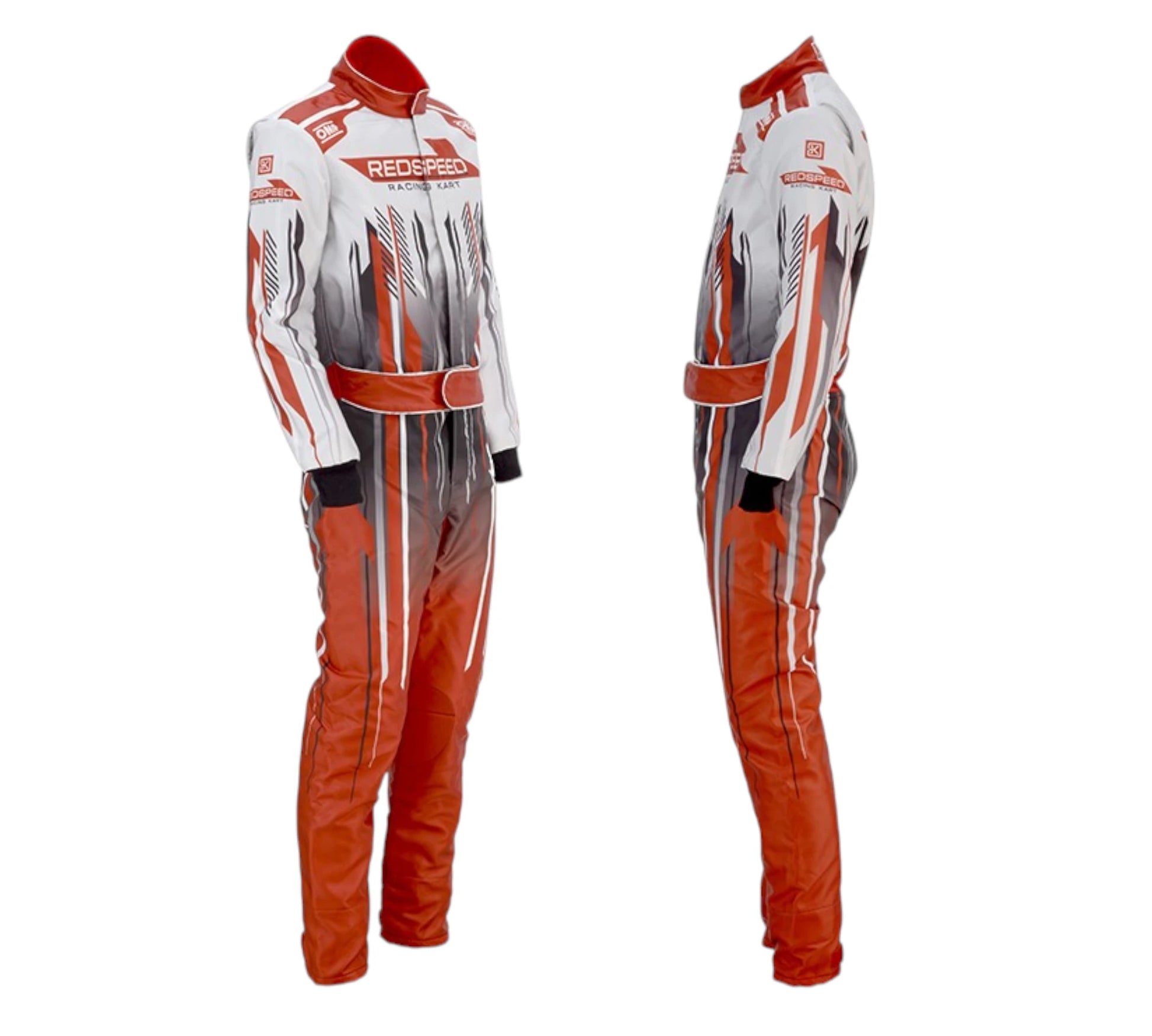White and orange racing suit with 'RedBull' branding on a white background