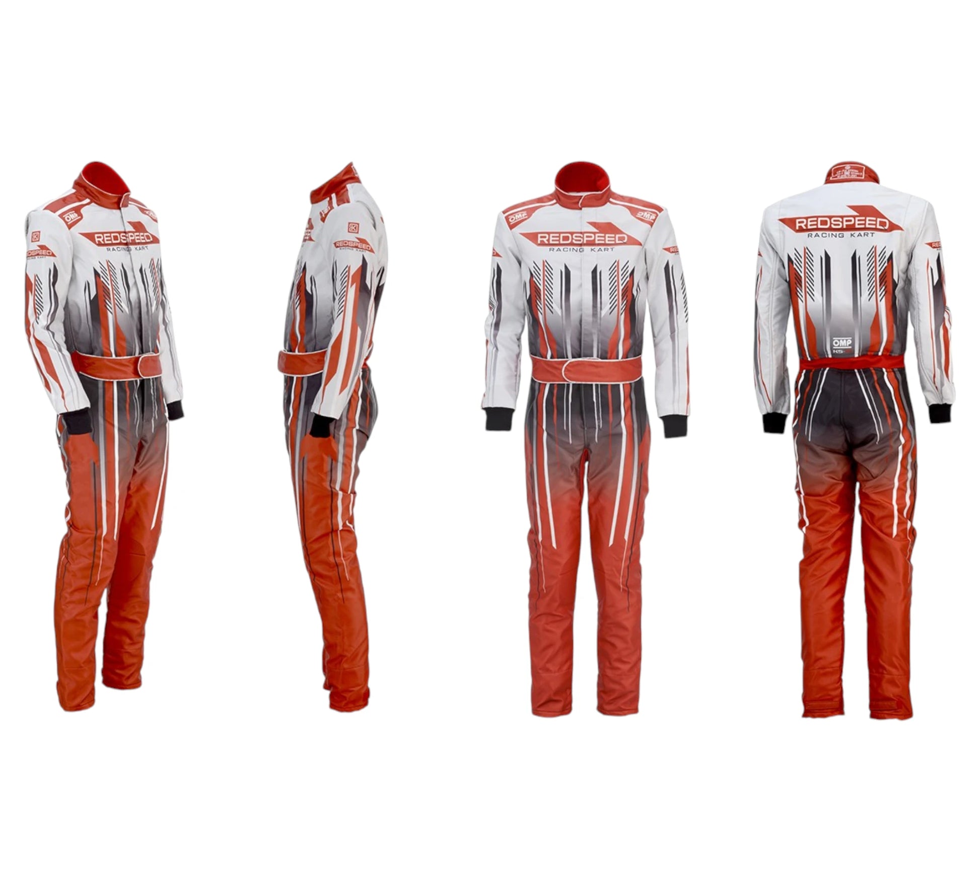 Red and white racing suit with visible branding on a white background