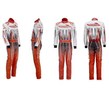 Red and white racing suit with visible branding on a white background
