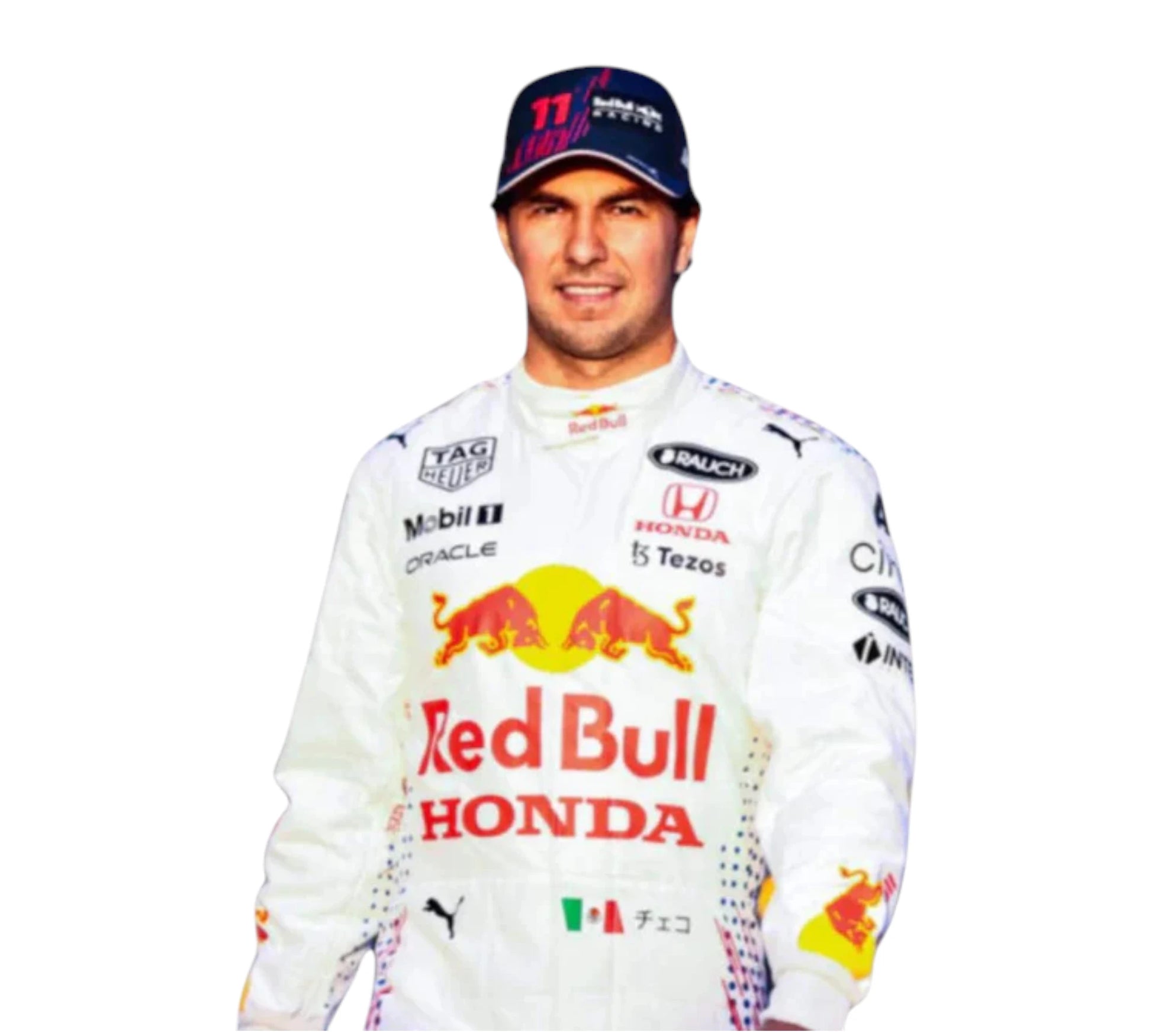 Person wearing a Red Bull racing suit with various sponsor logos on a white background