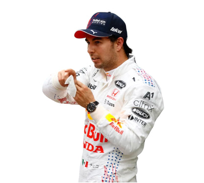 Person wearing a racing suit with various sponsor logos on a white background