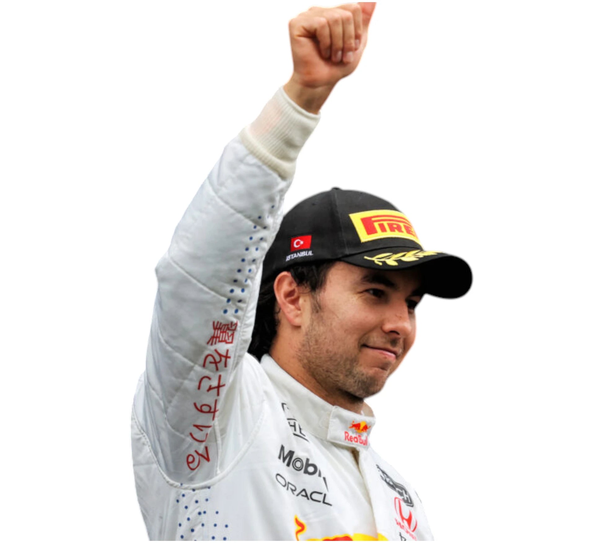 Person in racing suit and cap with raised fist on a white background