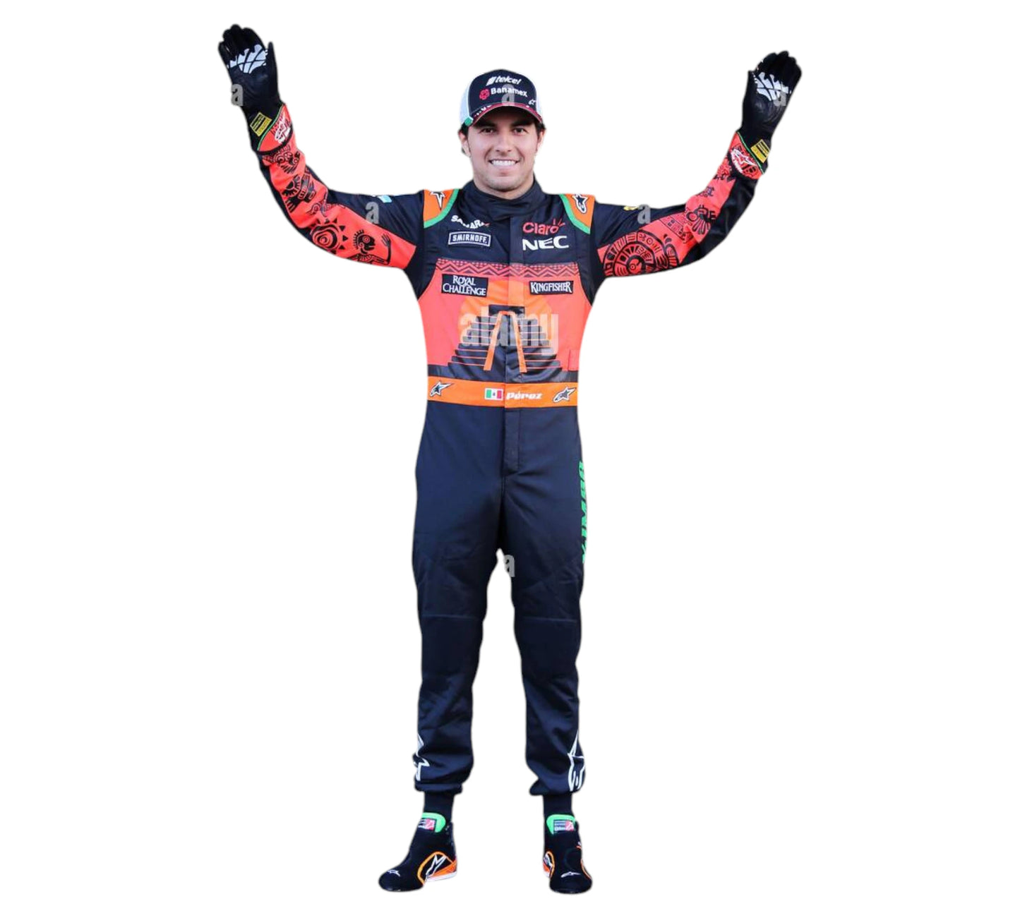 Person wearing a colorful racing suit with raised arms on a white background
