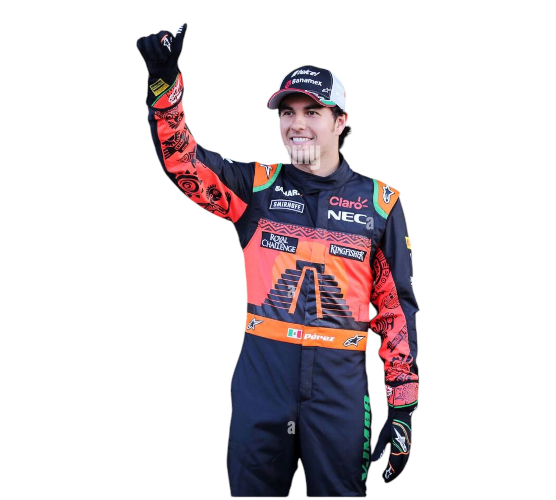 Person wearing a colorful racing suit with various brand logos on a white background