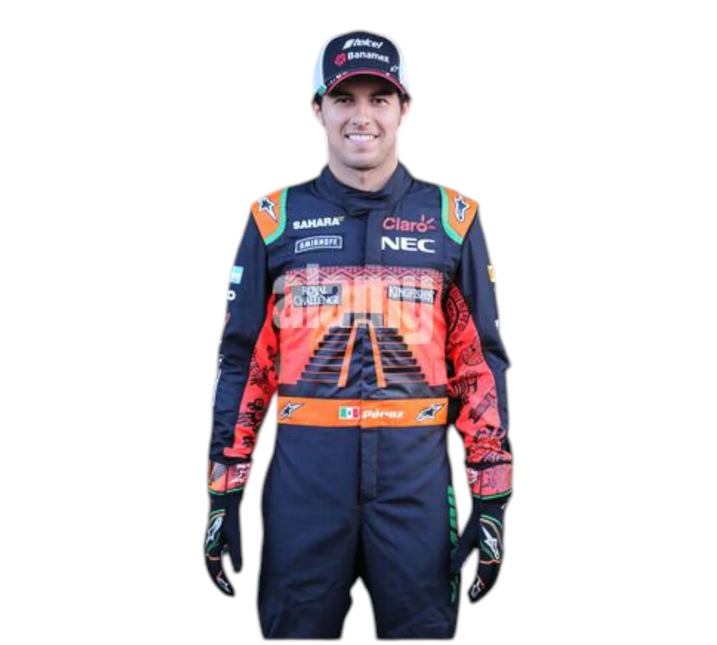 Person wearing a colorful racing suit with various brand logos on a white background