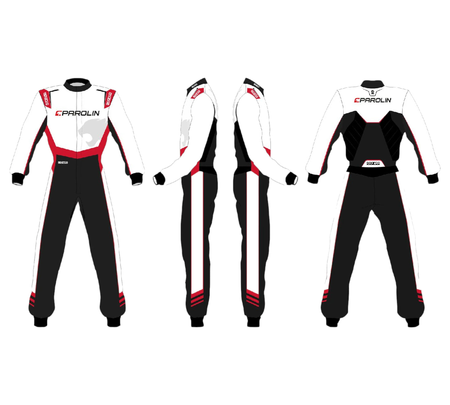 Black, white, and red racing suit with Parolin branding on a white background