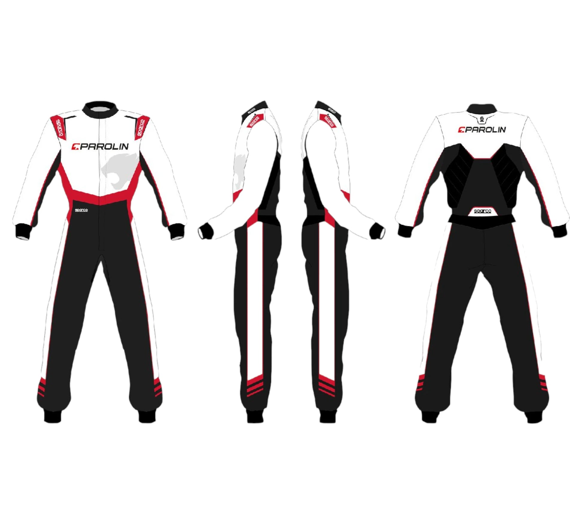 Black, white, and red racing suit with Parolin branding on a white background