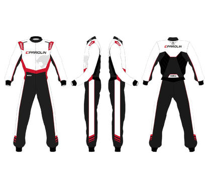 Black, white, and red racing suit with Parolin branding on a white background