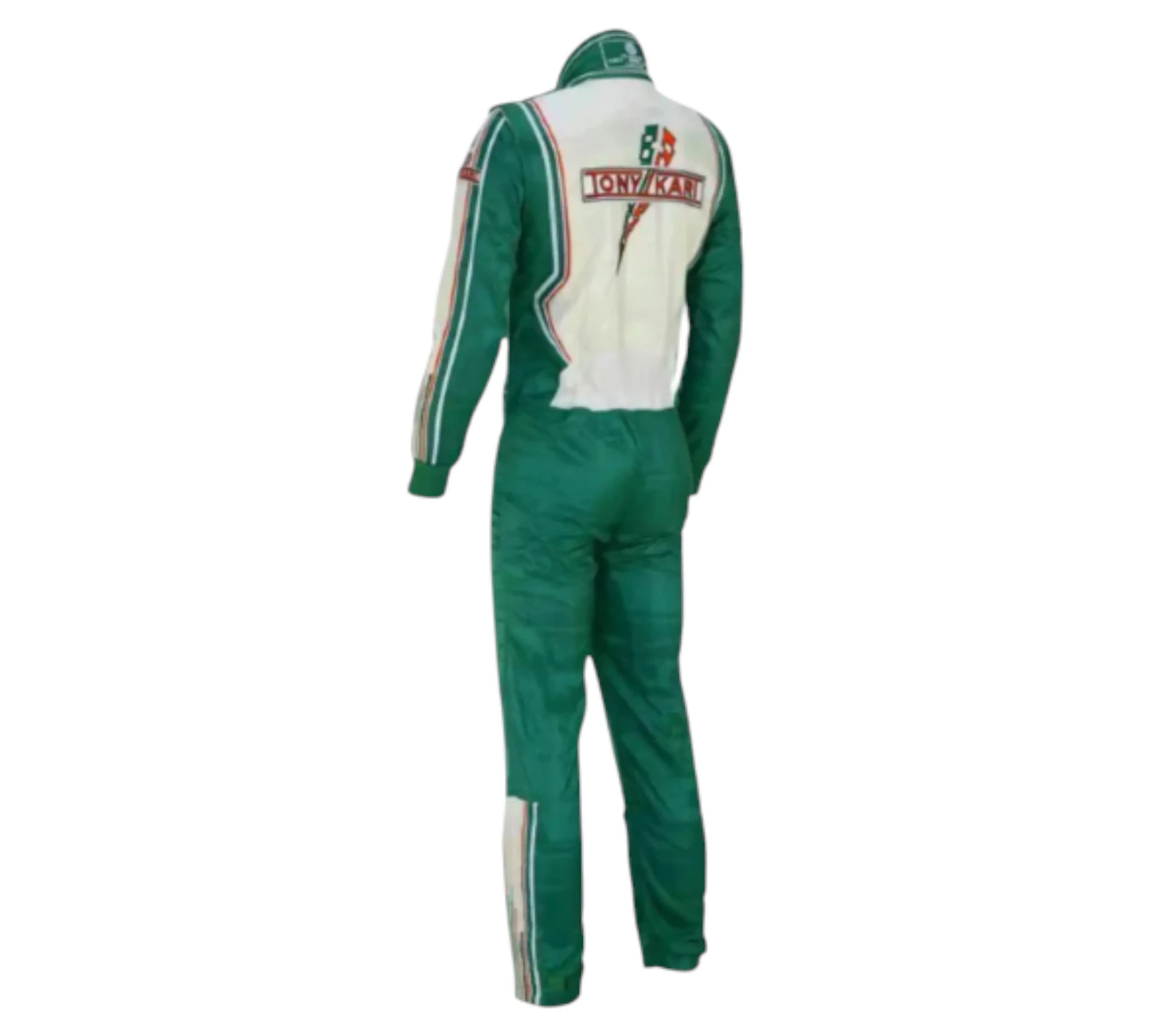 Green racing suit with visible branding on a white background
